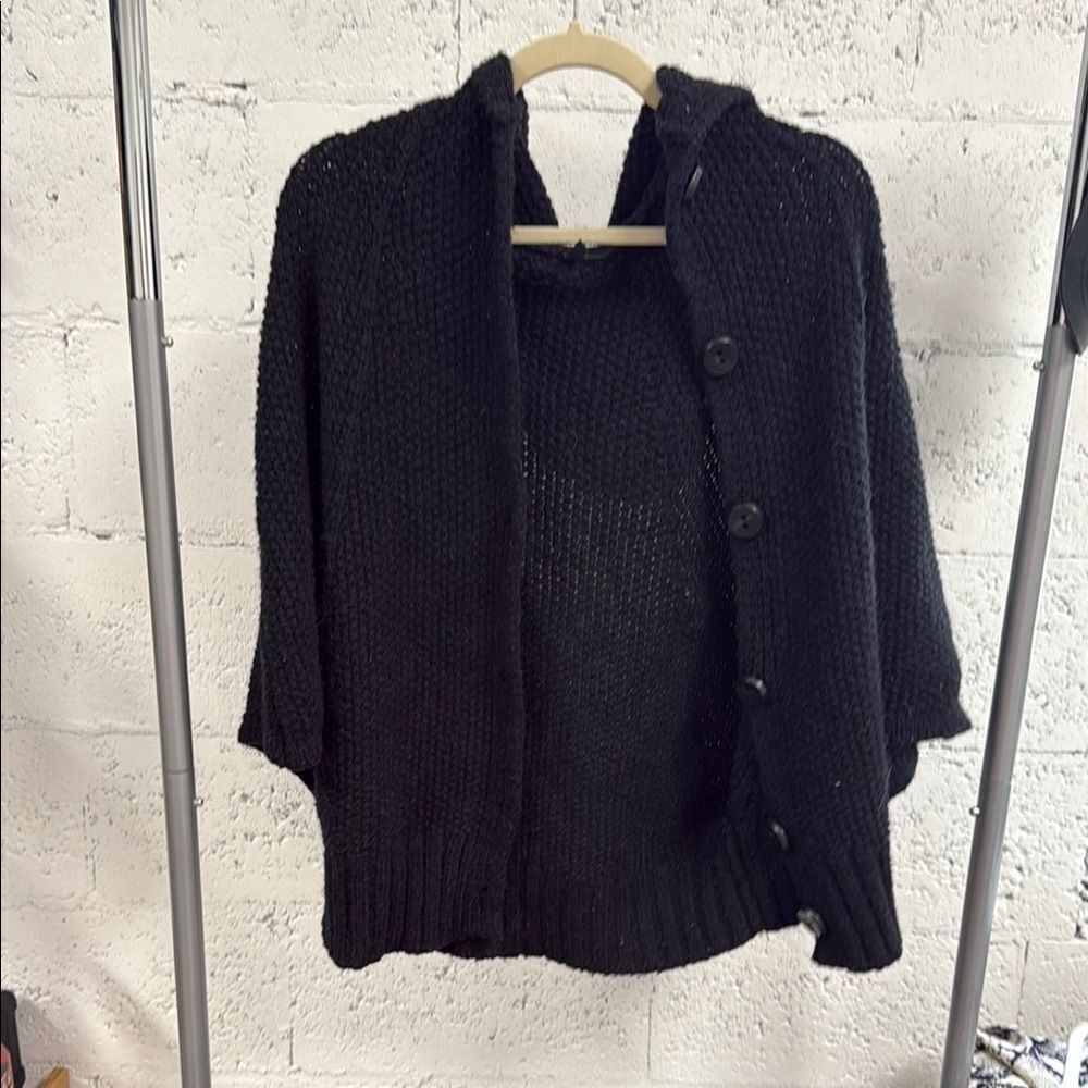 Women's Black Button-Up Sweater Hood LIKE NEW Cozy Knit Warm Jacket